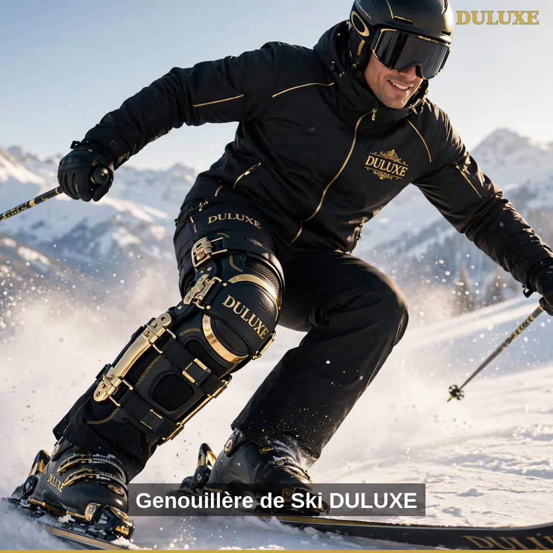Vidéo de démonstration de la genouillère de ski DULUXE : anneau rotulien en silicone, stabilisateurs latéraux et sangles réglables, portée sous le pantalon de ski, en français