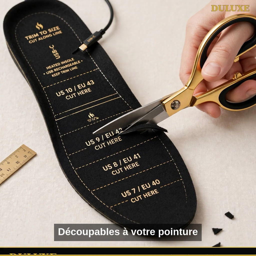 Vidéo de démonstration des semelles chauffantes DULUXE : découpe aux ciseaux, travail extérieur dans la neige et recharge USB, prix de lancement, en français