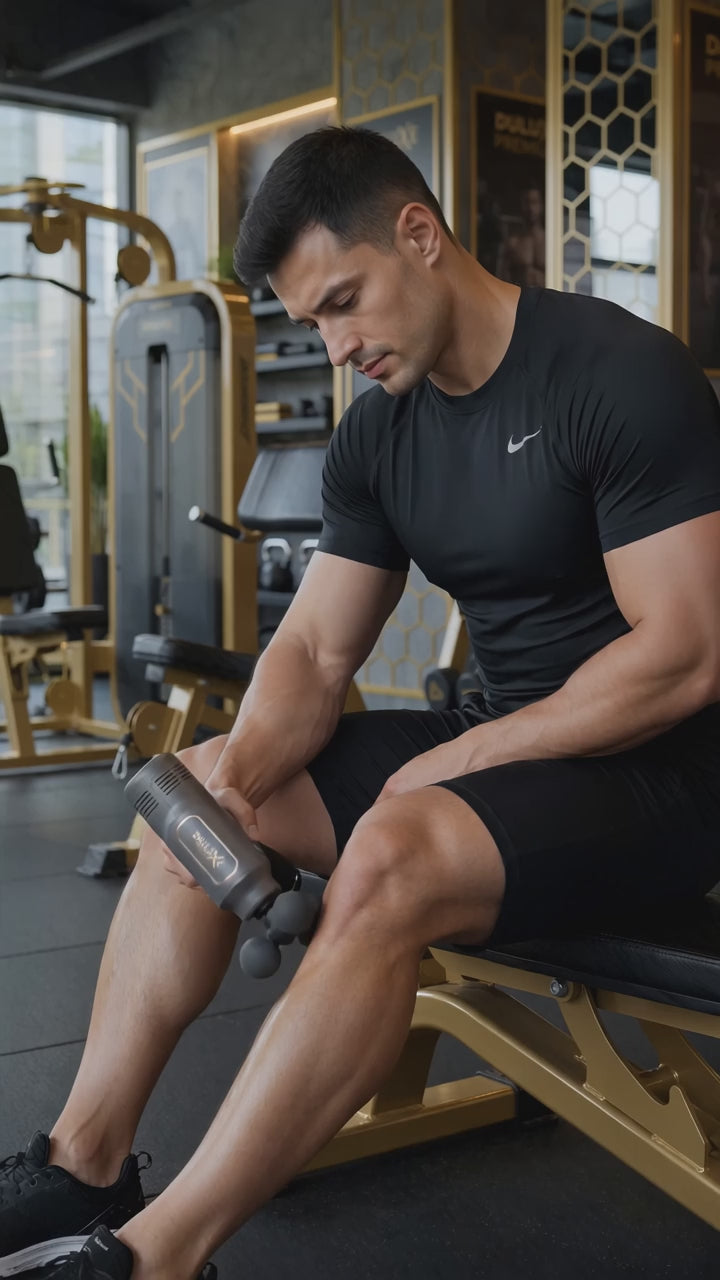 Vidéo démo DULUXE : massage des mollets après le sport avec le pistolet multi-têtes