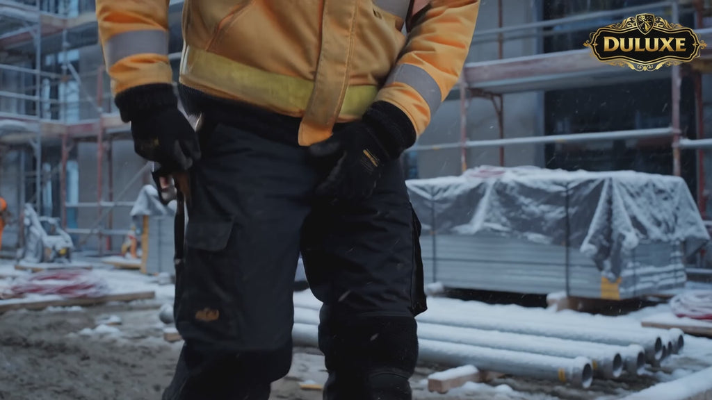 Démonstration en français du pantalon de travail doublé polaire porté au travail en hiver, griffe DULUXE noir et doré