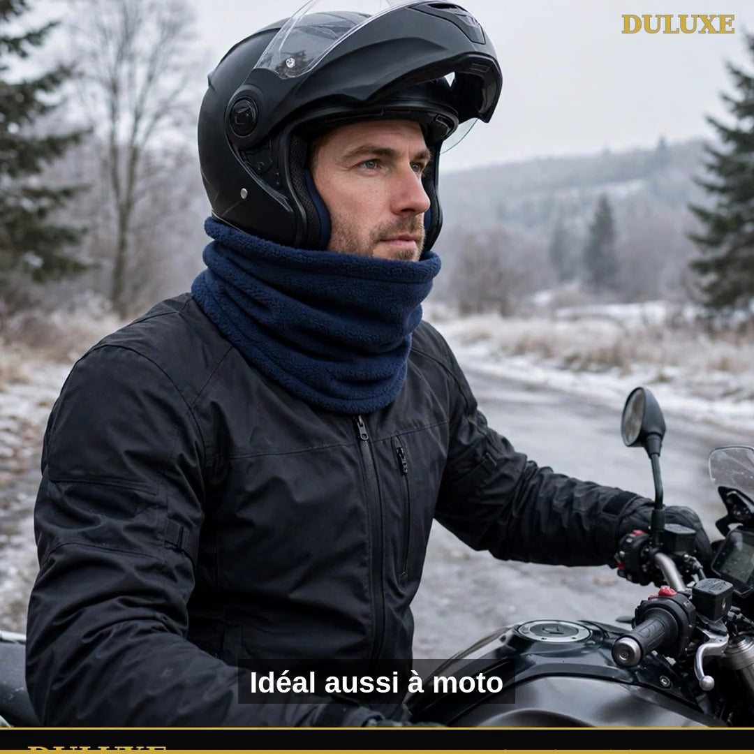 Vidéo démo du cache-cou polaire DULUXE pour homme : moto, neige et protection coupe-vent, en français
