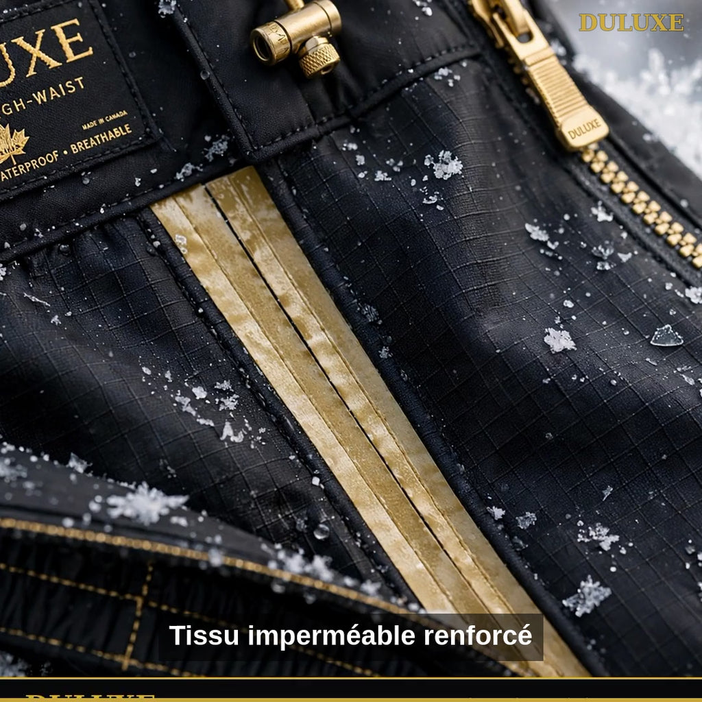 Vidéo démo du pantalon de neige femme DULUXE : tissu imperméable, taille ajustable, trois couleurs et prix de lancement, en français