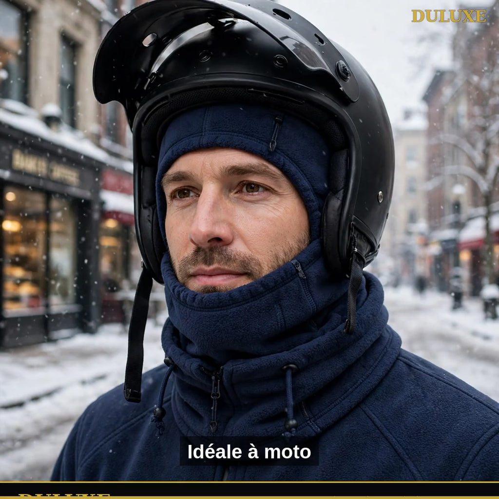 Vidéo démo de la cagoule 3-en-1 DULUXE : moto, polaire thermique et mode bonnet cache-cou pour l'hiver canadien, en français