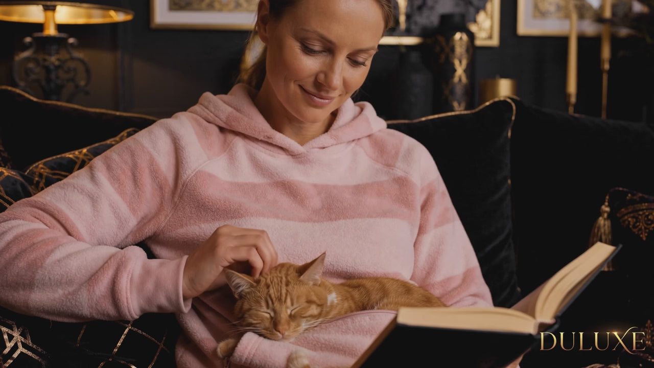 Vidéo DULUXE – moment câlin à la maison : chat endormi dans la poche du sweat, lecture et courte sortie