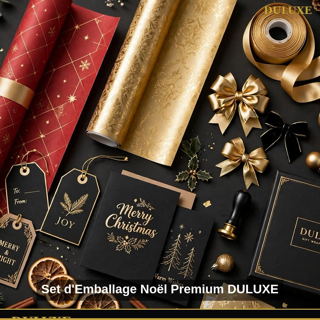 Vidéo démo du set d'emballage cadeau de Noël premium DULUXE, papiers et rubans dorés, en français