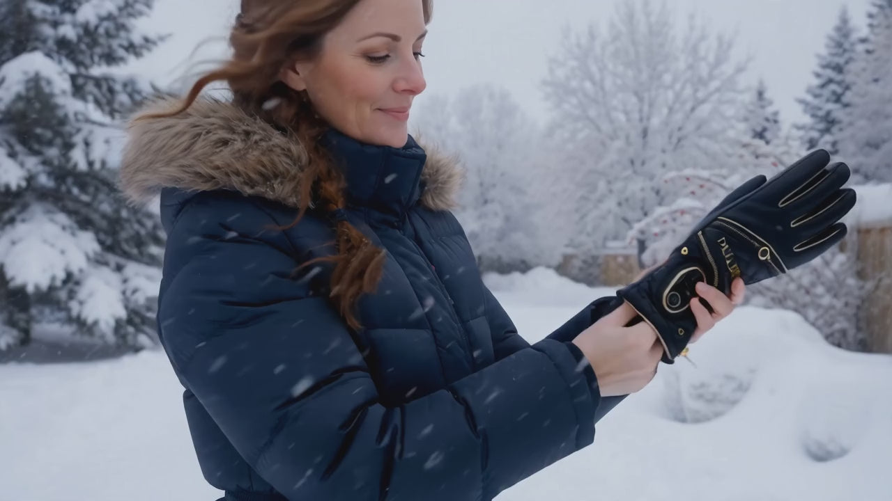Vidéo de démonstration : enfilage et activation du bouton chauffant des gants DULUXE dans la neige