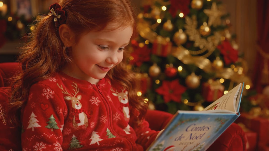 Vidéo démo en français : veillée de Noël, enfant en pyjama polaire à motifs rennes près du sapin, présentation DULUXE