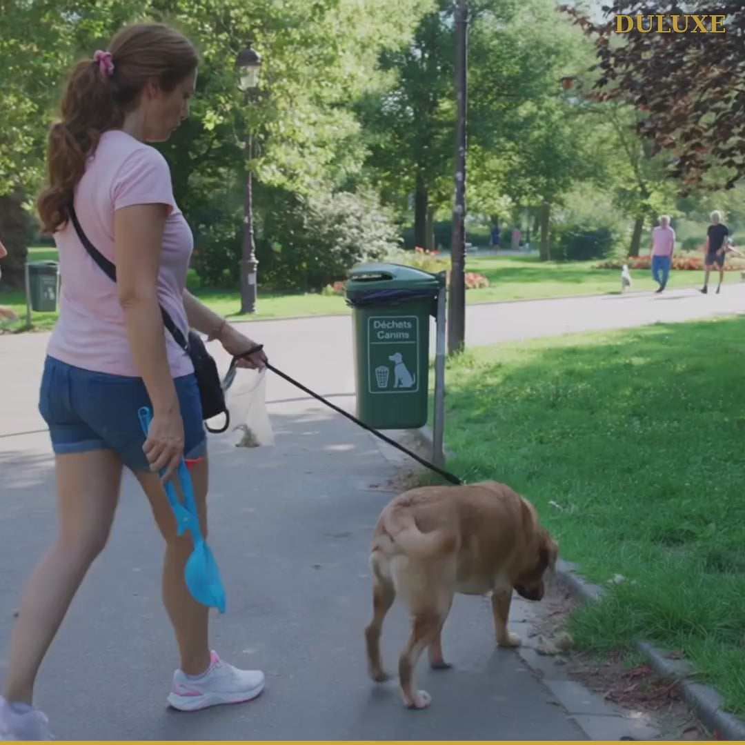 Vidéo démo du ramasse-crottes portable à pince DULUXE : promenade et ramassage sans contact en français