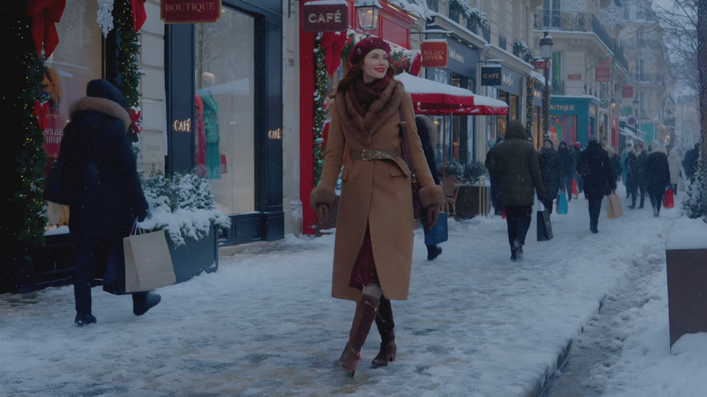Vidéo démo en français : tenue d'hiver complète en extérieur avec collants thermiques effet chair, marche élégante dans la neige, présentation DULUXE