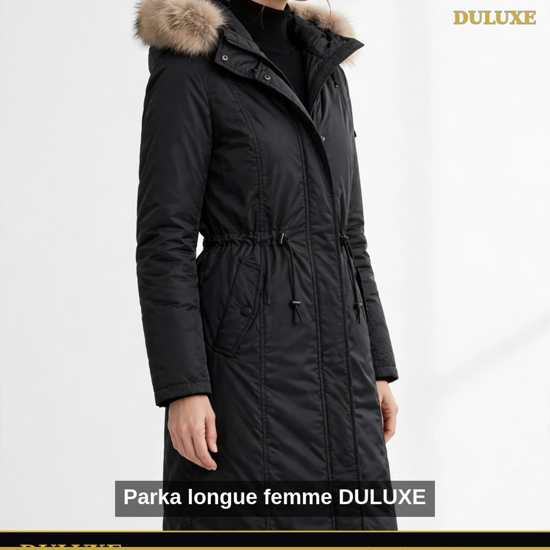 Vidéo démo de la parka longue femme en nylon DULUXE à capuche fausse fourrure, noir et crème, en français