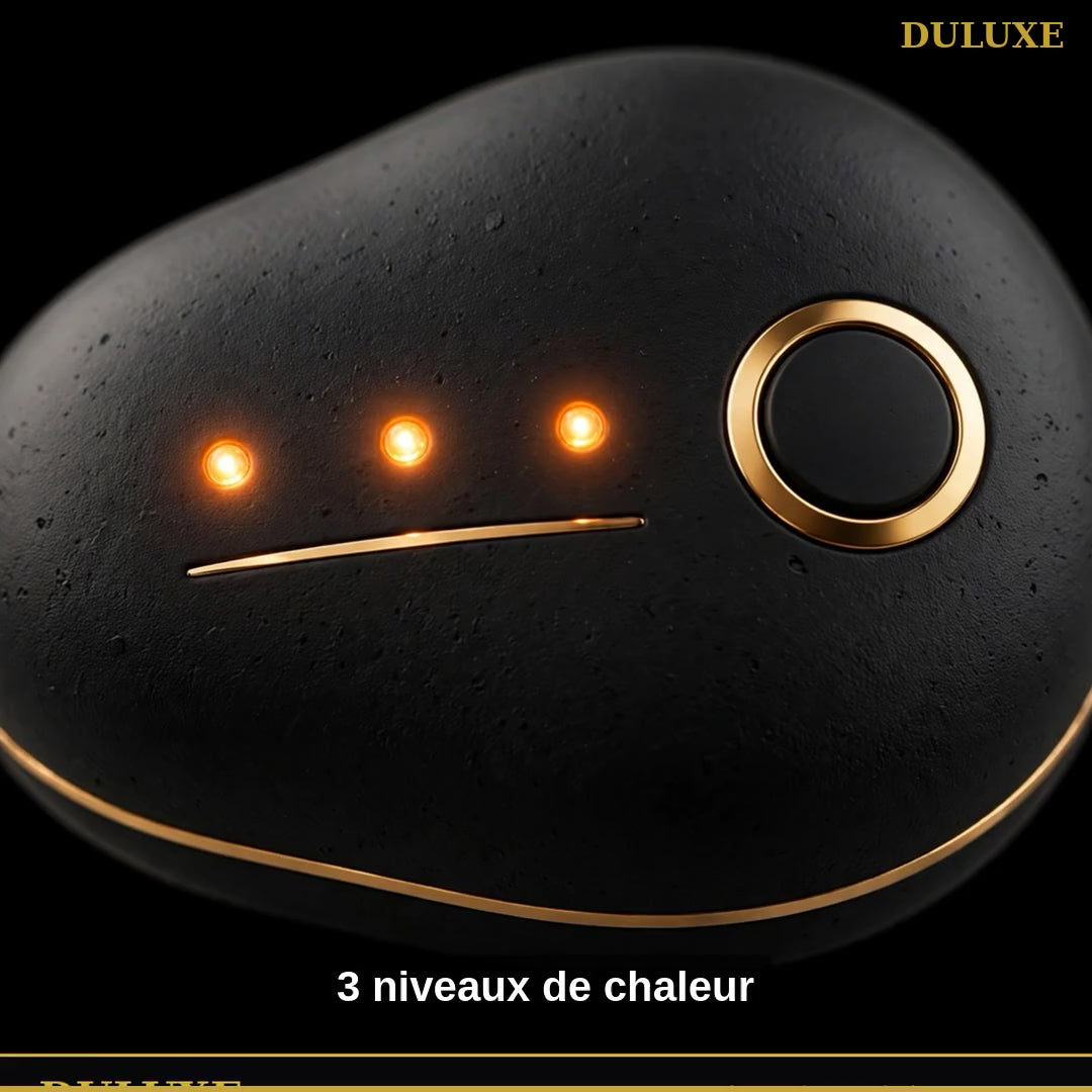 Vidéo de démonstration des chauffe-mains rechargeables DULUXE : trois niveaux de chaleur, recharge USB et prix de lancement, en français