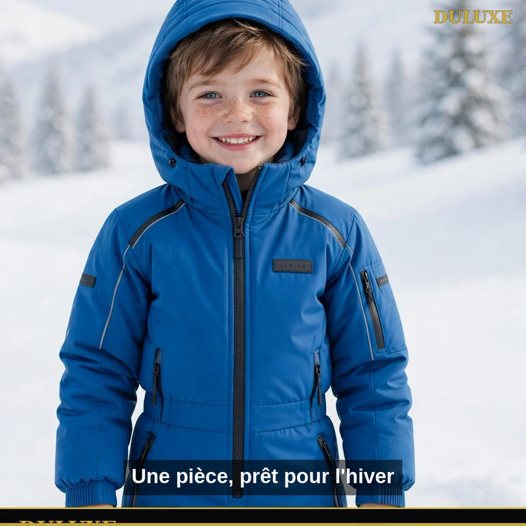 Vidéo démo de la combinaison de ski intégrale pour enfant DULUXE dans la neige, en français