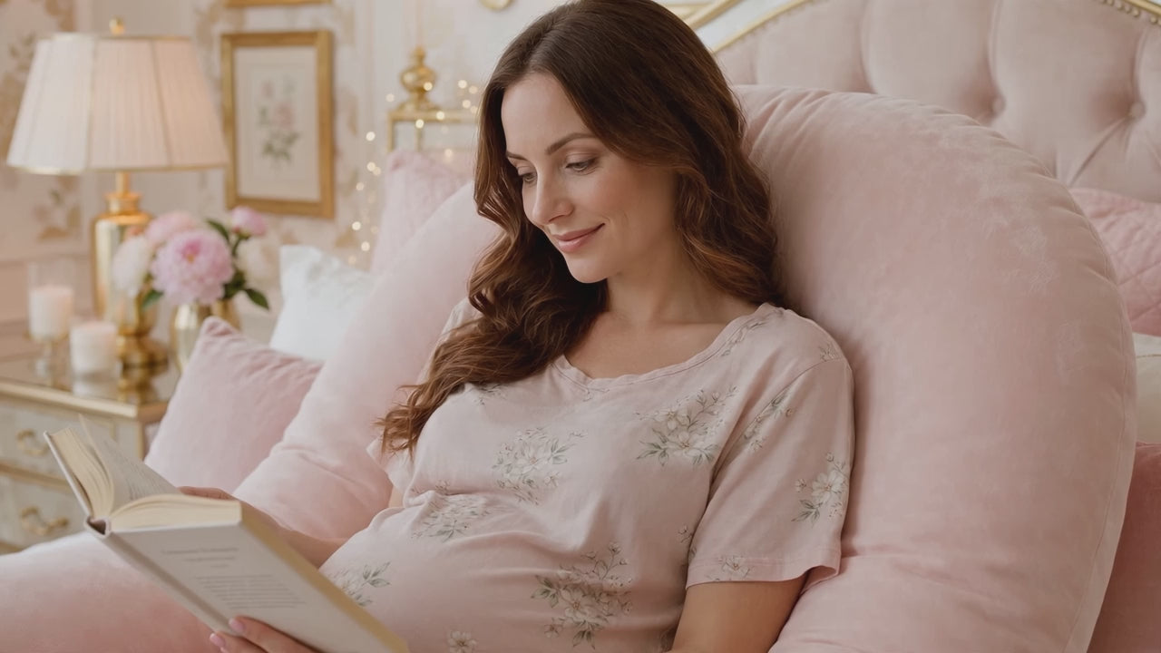 Vidéo démo DULUXE – lecture et détente au lit avec l'Oreiller de Grossesse en U Rose