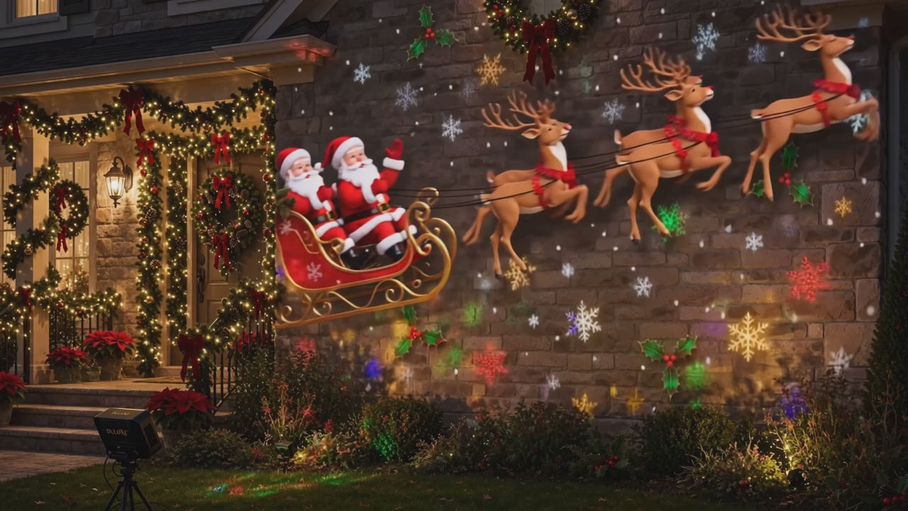 Vidéo démo du Projecteur de Noël Féerique DULUXE : projections sur façade la nuit et changement de motif à la télécommande
