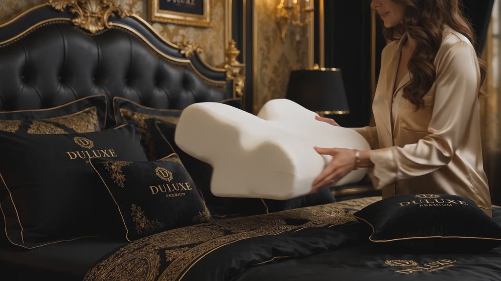 Vidéo démo DULUXE – installation de l'oreiller cervical papillon : rebond lent de la mousse à mémoire et nuit sur le dos, nuque calée dans le creux central