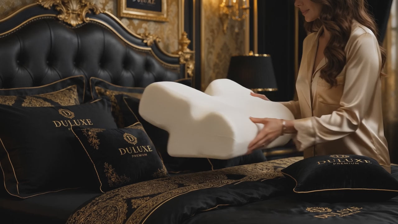 Vidéo démo DULUXE – installation de l'oreiller cervical papillon : rebond lent de la mousse à mémoire et nuit sur le dos, nuque calée dans le creux central
