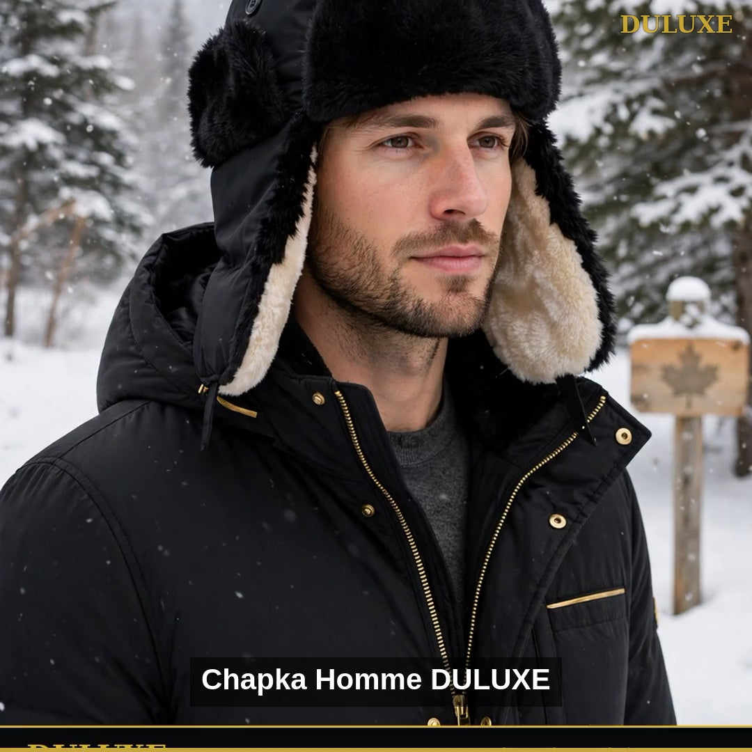 Vidéo démo de la chapka pour homme DULUXE, oreilles rabattables en fausse fourrure et doublure polaire, en français