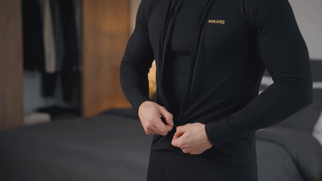 Vidéo démo en français : enfilage de l'ensemble thermique homme en couche de base puis test dans le froid extérieur, présentation DULUXE