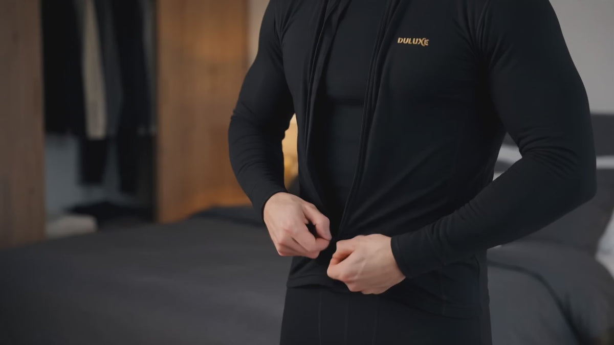 Vidéo démo en français : enfilage de l'ensemble thermique homme en couche de base puis test dans le froid extérieur, présentation DULUXE