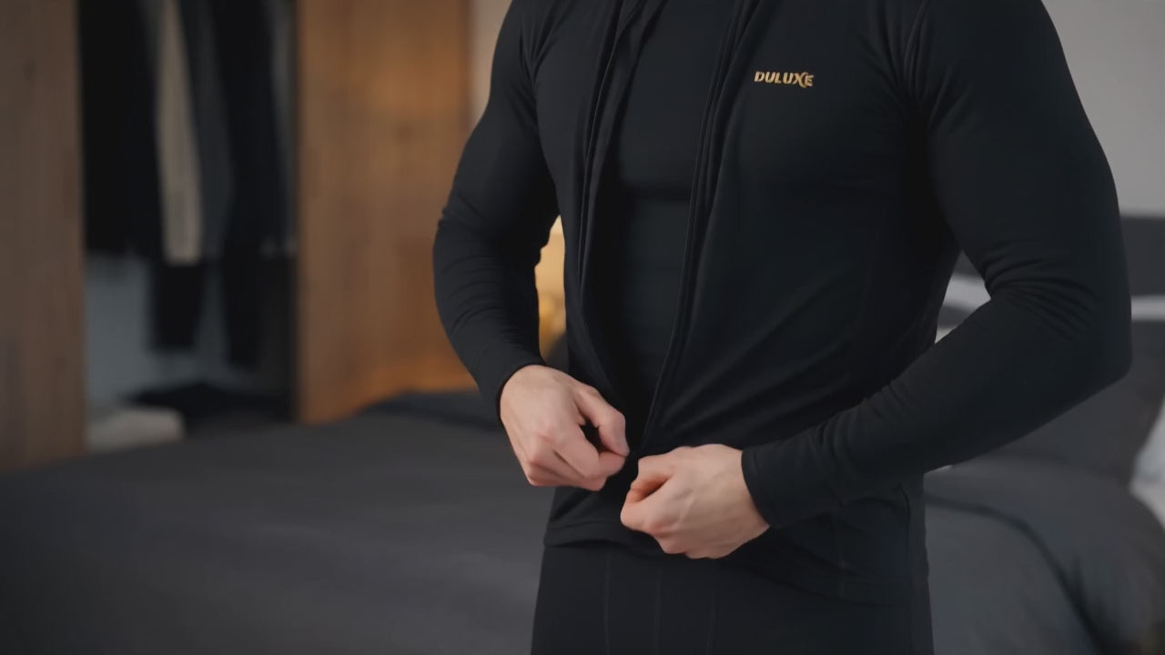 Vidéo démo en français : enfilage de l'ensemble thermique homme en couche de base puis test dans le froid extérieur, présentation DULUXE
