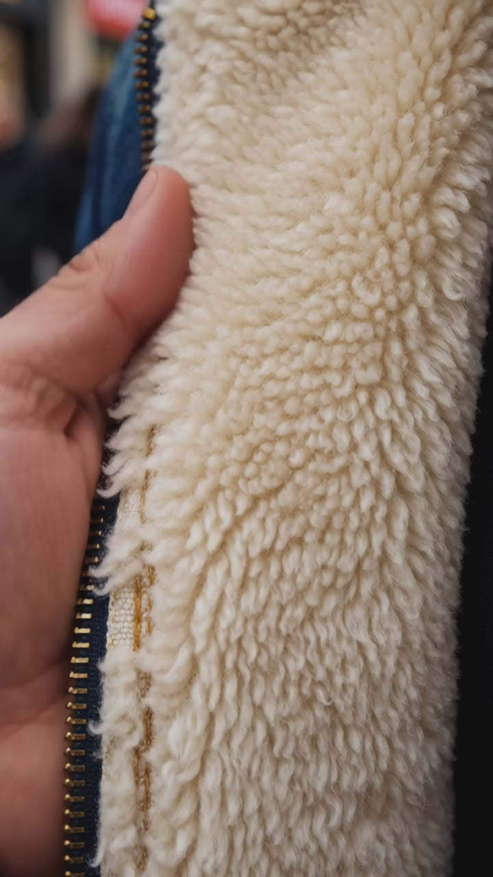 Démonstration vidéo : gros plans sur la doublure sherpa et le denim, veste portée en ville