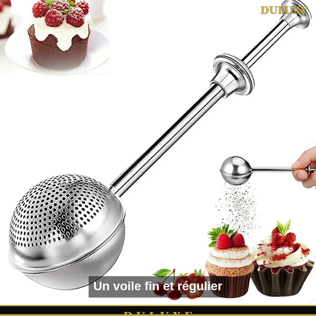 Vidéo démo de la saupoudreuse à sucre glace avec tamis en acier inoxydable DULUXE, en français