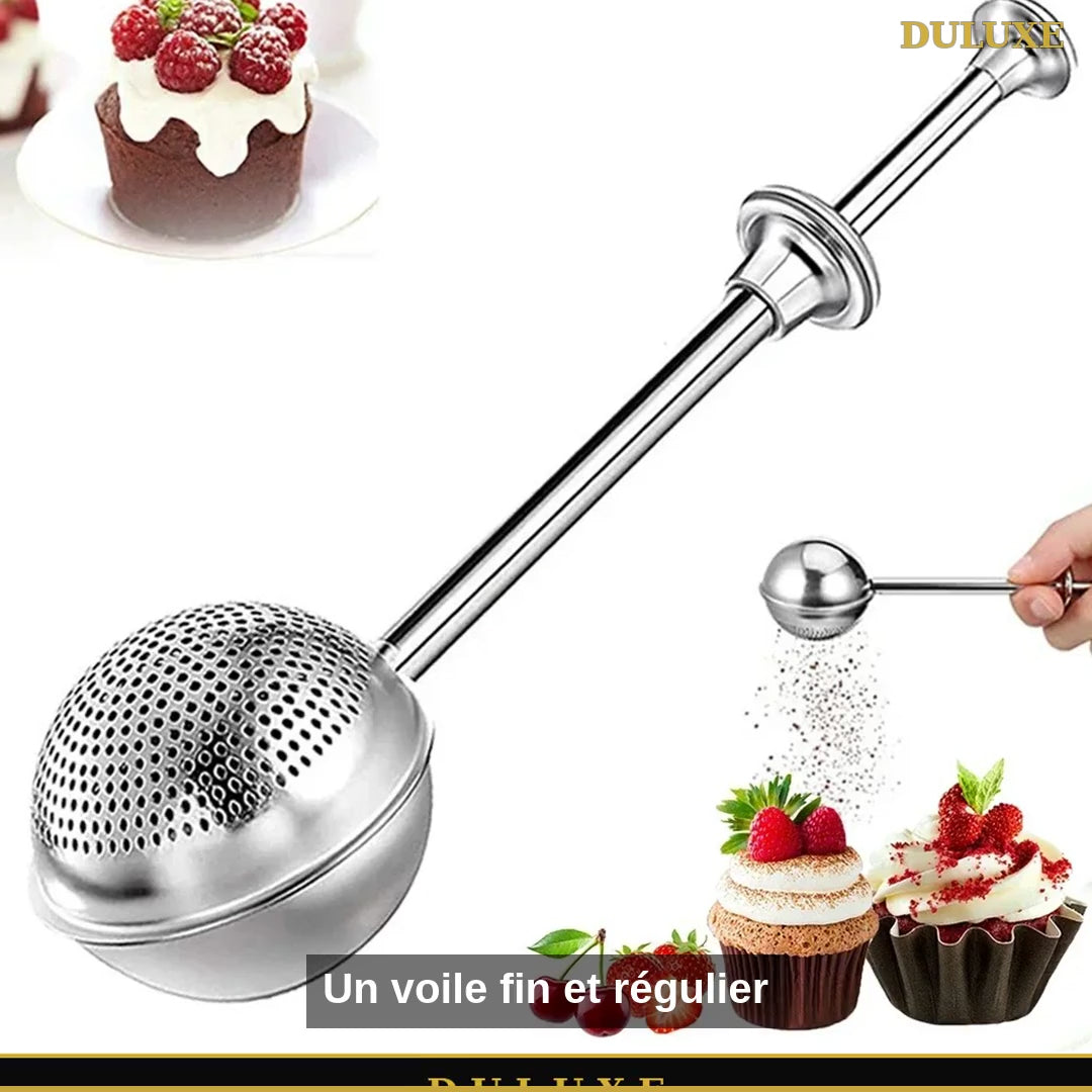 Vidéo démo de la saupoudreuse à sucre glace avec tamis en acier inoxydable DULUXE, en français
