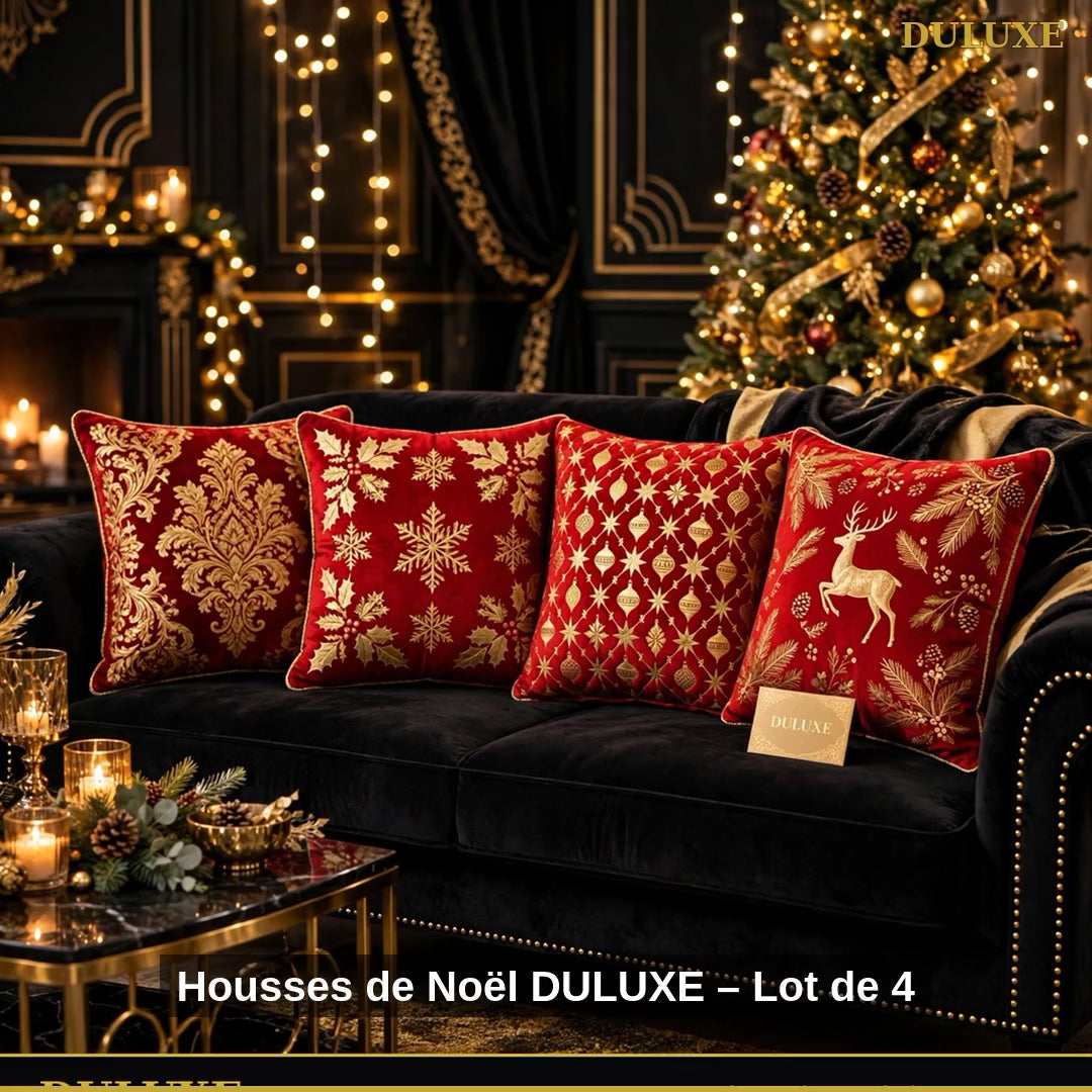 Vidéo démo des housses de coussin de Noël DULUXE lot de 4, motifs dorés rouge et or, en français