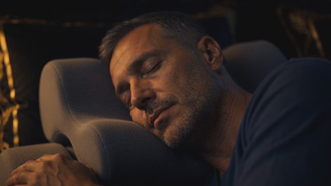 Vidéo démo DULUXE – nuit complète sur le côté avec l'oreiller cervical papillon : le bras repose sur le repose-bras intégré, même en changeant de position