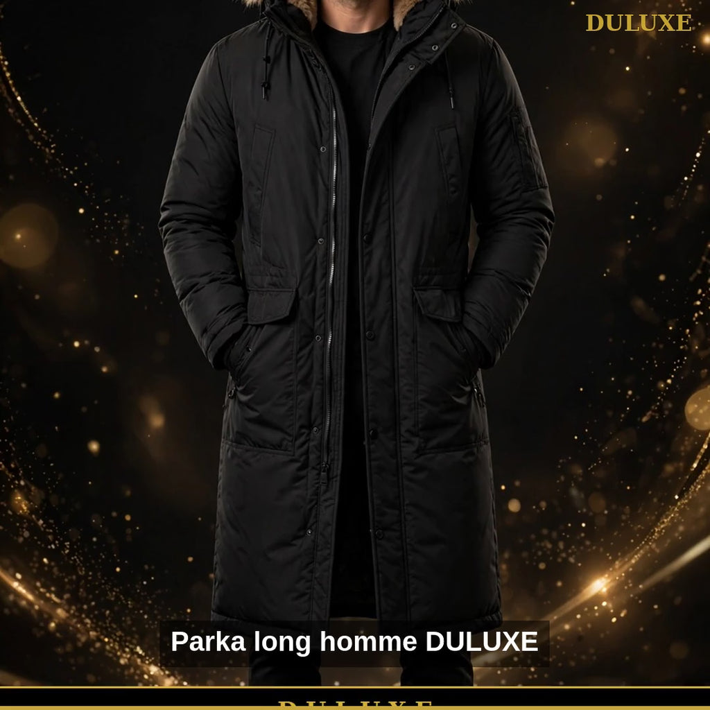 Vidéo de présentation du parka long pour homme DULUXE : port, capuche fourrure et poches chauffe-mains