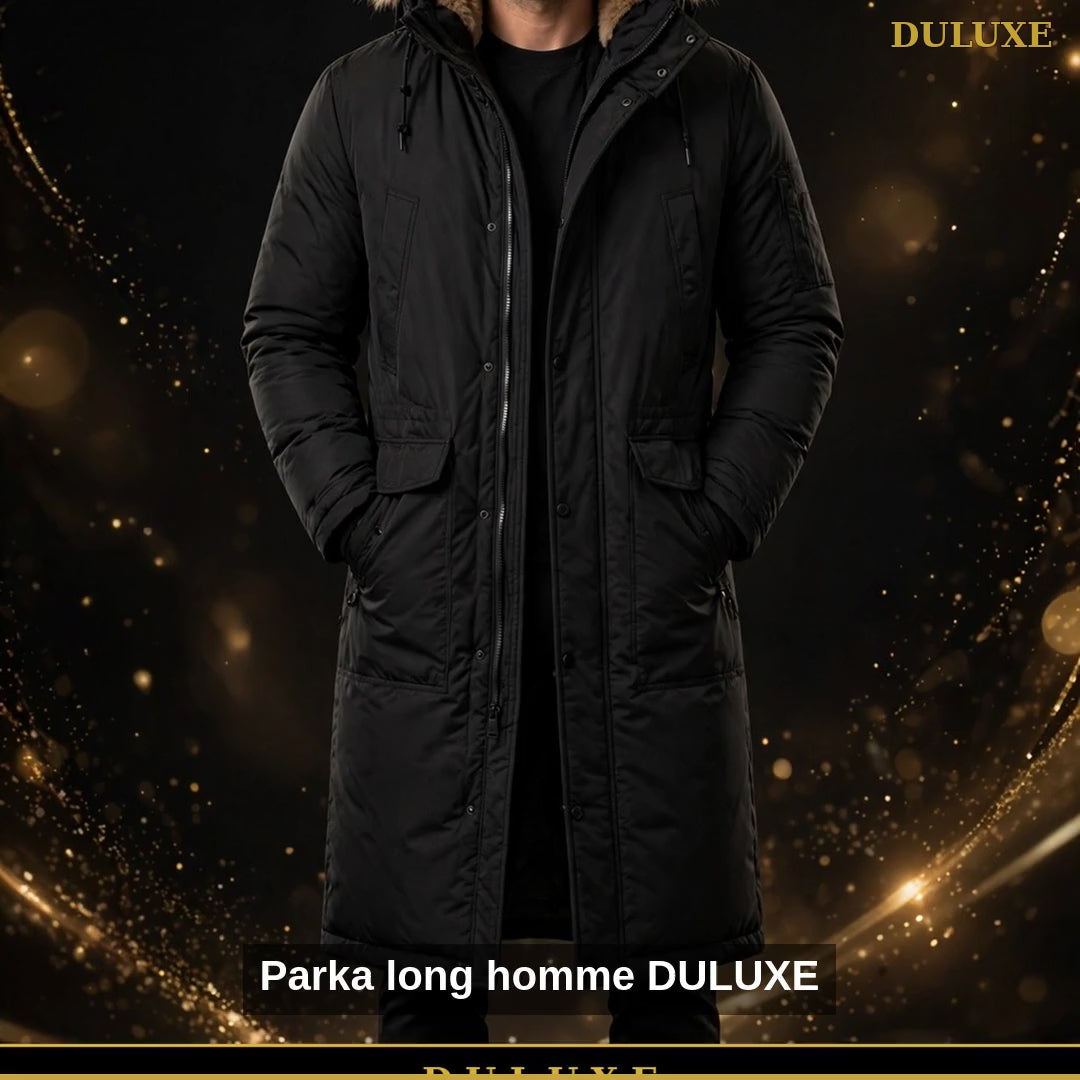Vidéo de présentation du parka long pour homme DULUXE : port, capuche fourrure et poches chauffe-mains