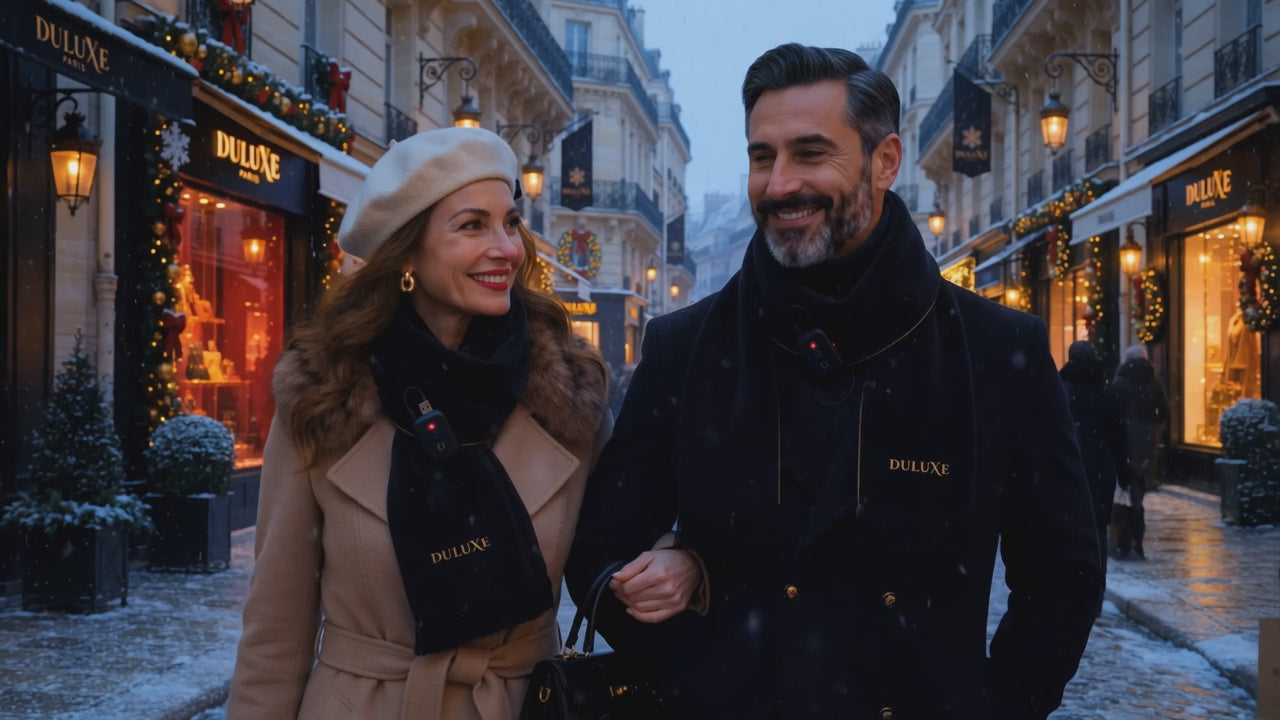 Vidéo démo : promenade hivernale élégante, femme et homme portant l'écharpe chauffante USB, cou bien au chaud dans la neige