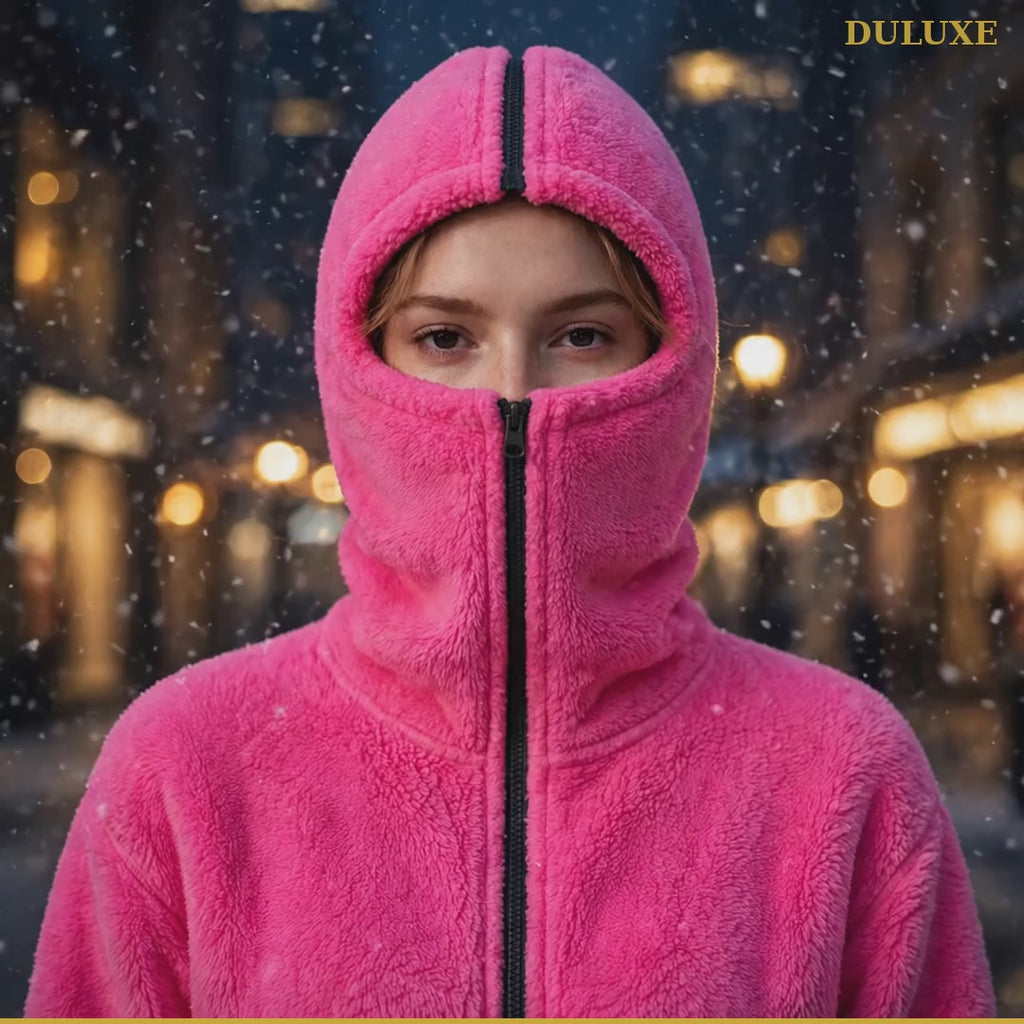 Vidéo de démonstration du hoodie à capuche-cagoule DULUXE : la capuche se zippe en cagoule intégrale, polaire chaude, quatre couleurs, en français