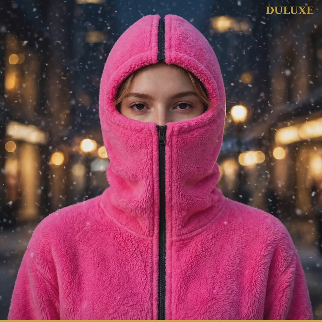 Vidéo de démonstration du hoodie à capuche-cagoule DULUXE : la capuche se zippe en cagoule intégrale, polaire chaude, quatre couleurs, en français