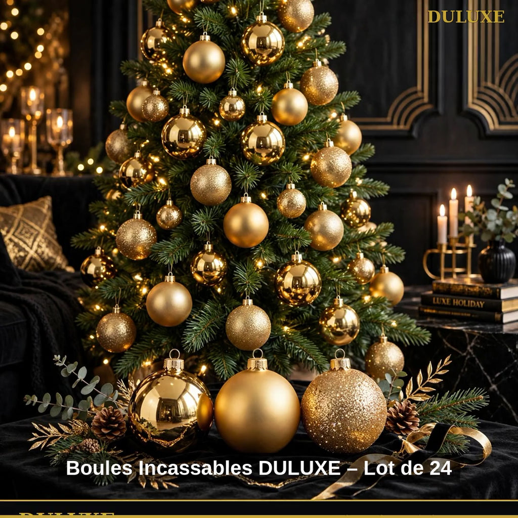 Vidéo démo des boules de Noël incassables DULUXE lot de 24, finitions brillantes mates et pailletées Or Royal, en français