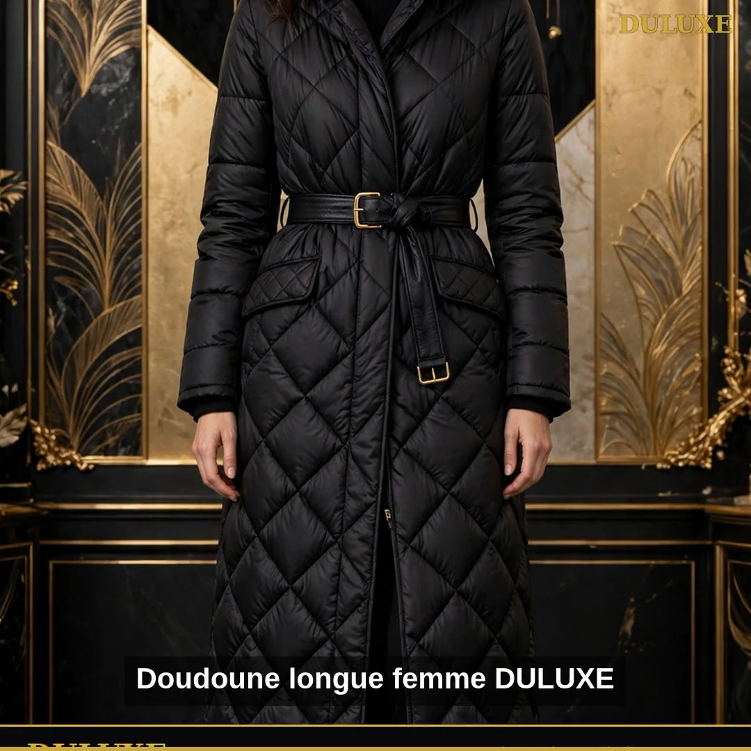 Vidéo démo de la doudoune longue matelassée ceinturée femme DULUXE, noir et camel, en français