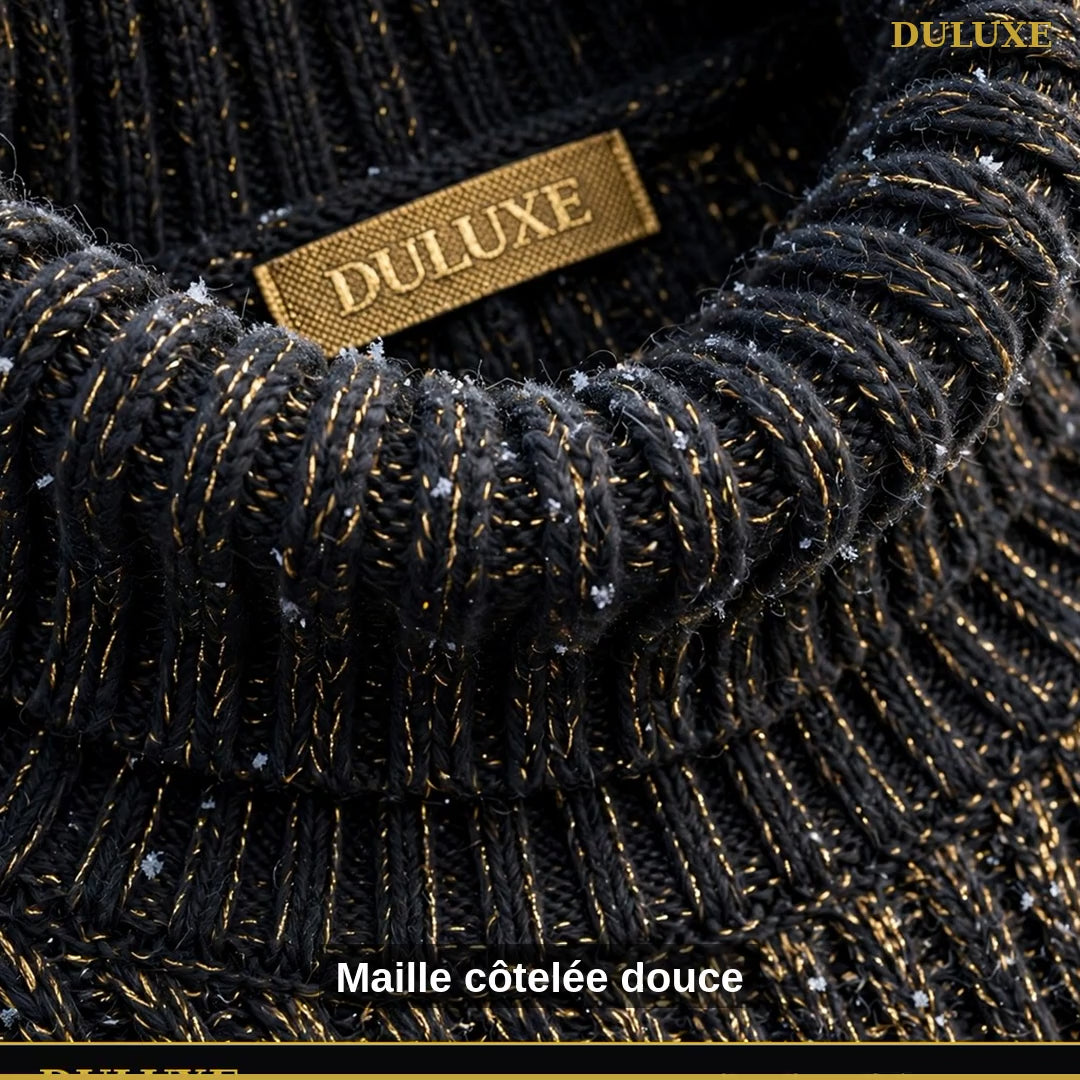 Vidéo démo du pull col roulé homme DULUXE : maille côtelée, quatre couleurs et prix de lancement, en français