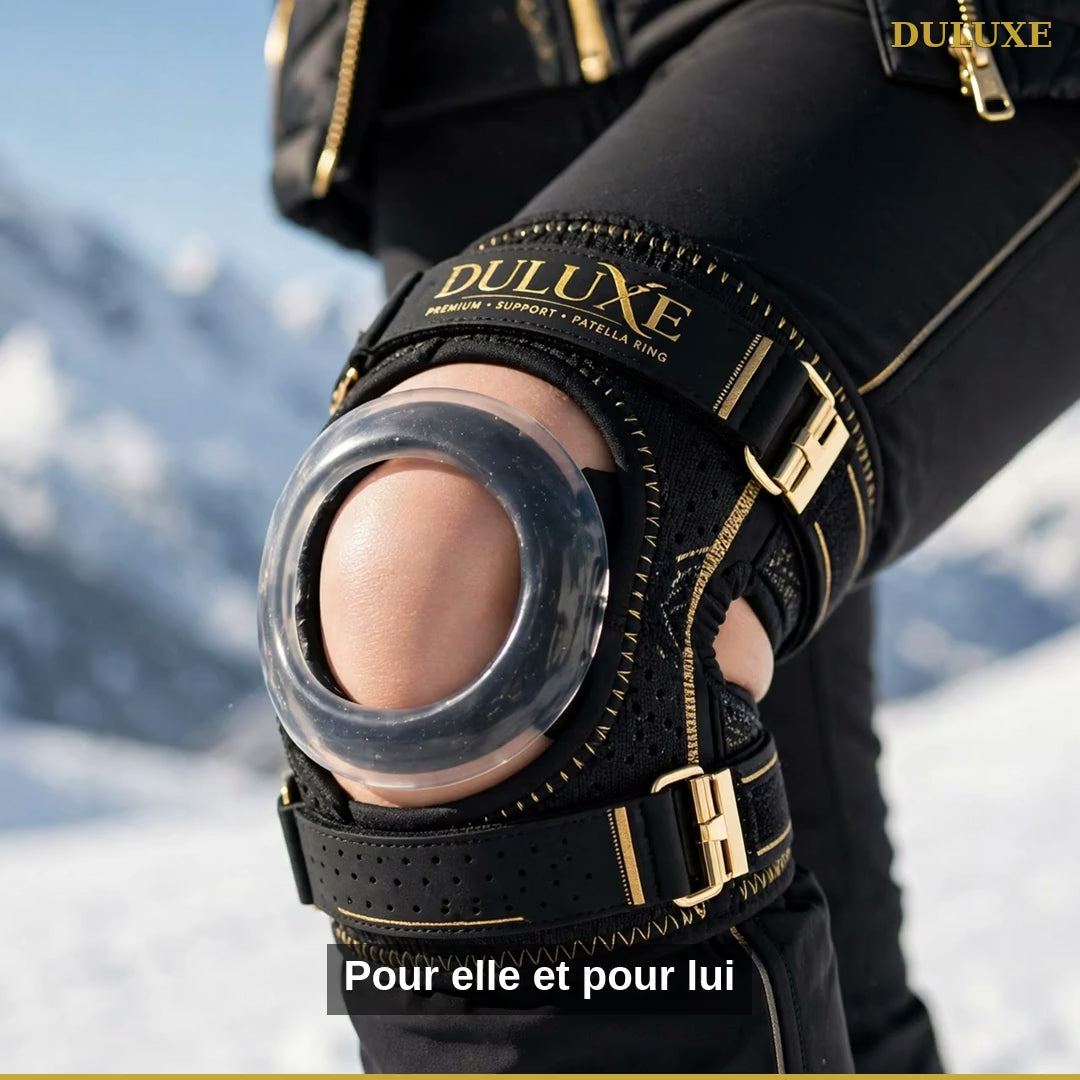 Vidéo de démonstration de la genouillère de ski DULUXE : stabilité en action sur les pistes, planche à neige et présentation des tailles S à XL, prix de lancement, en français