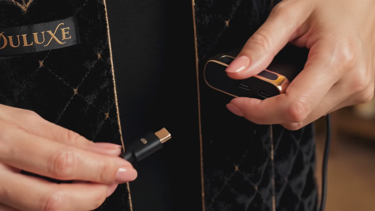 Vidéo démo : branchement USB de l'écharpe chauffante et réglage des 3 niveaux de chaleur en gros plan, bouton lumineux