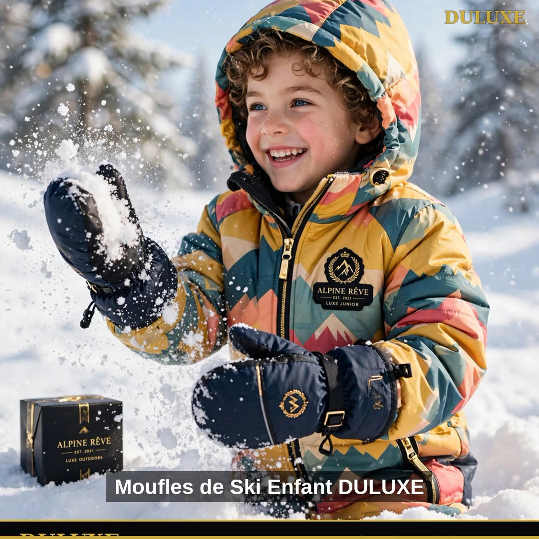 Vidéo démo des moufles de ski imperméables pour enfant DULUXE, doublure polaire chaude et sangle ajustable, en français