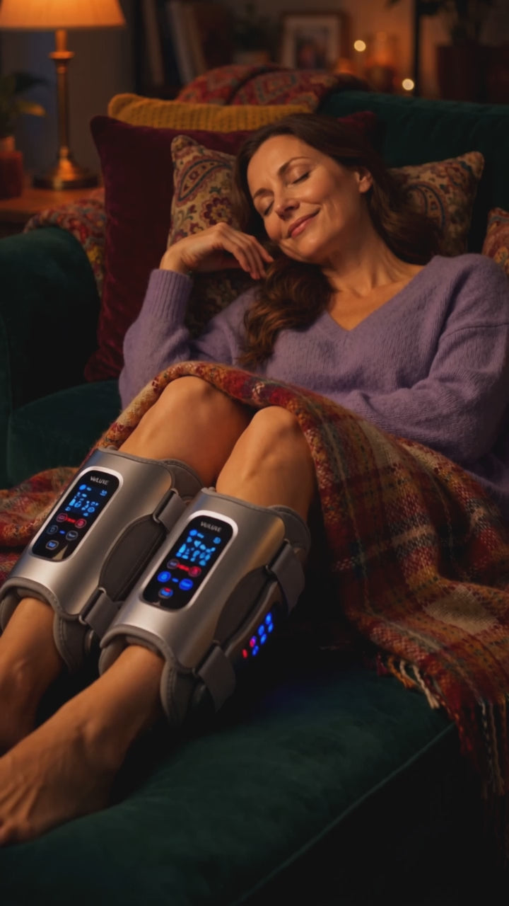 Vidéo démo DULUXE : moment détente avec le duo de masseurs de jambes sur le canapé