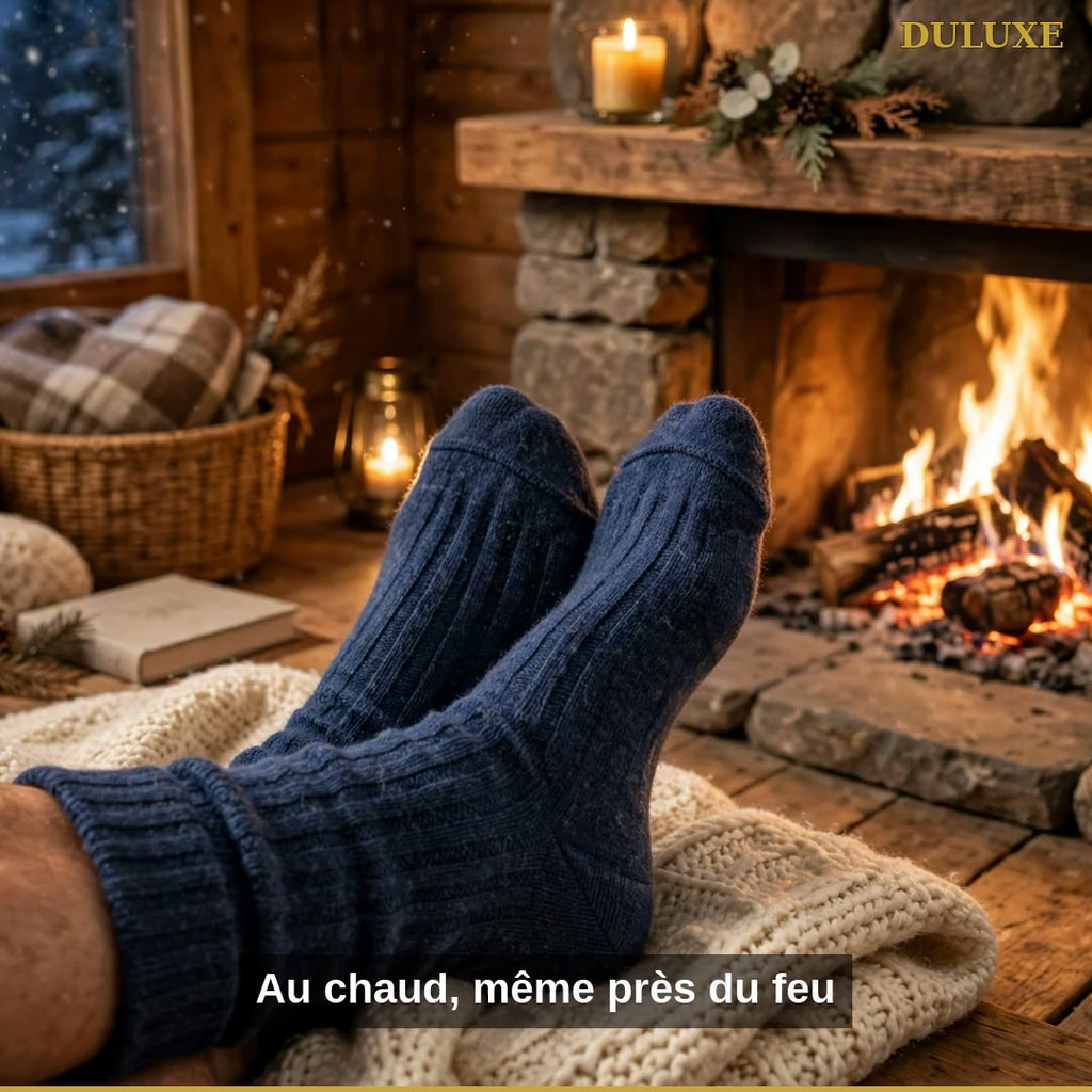 Vidéo démo des chaussettes mérinos DULUXE pour homme : hiver, travail extérieur et confort au chaud, en français