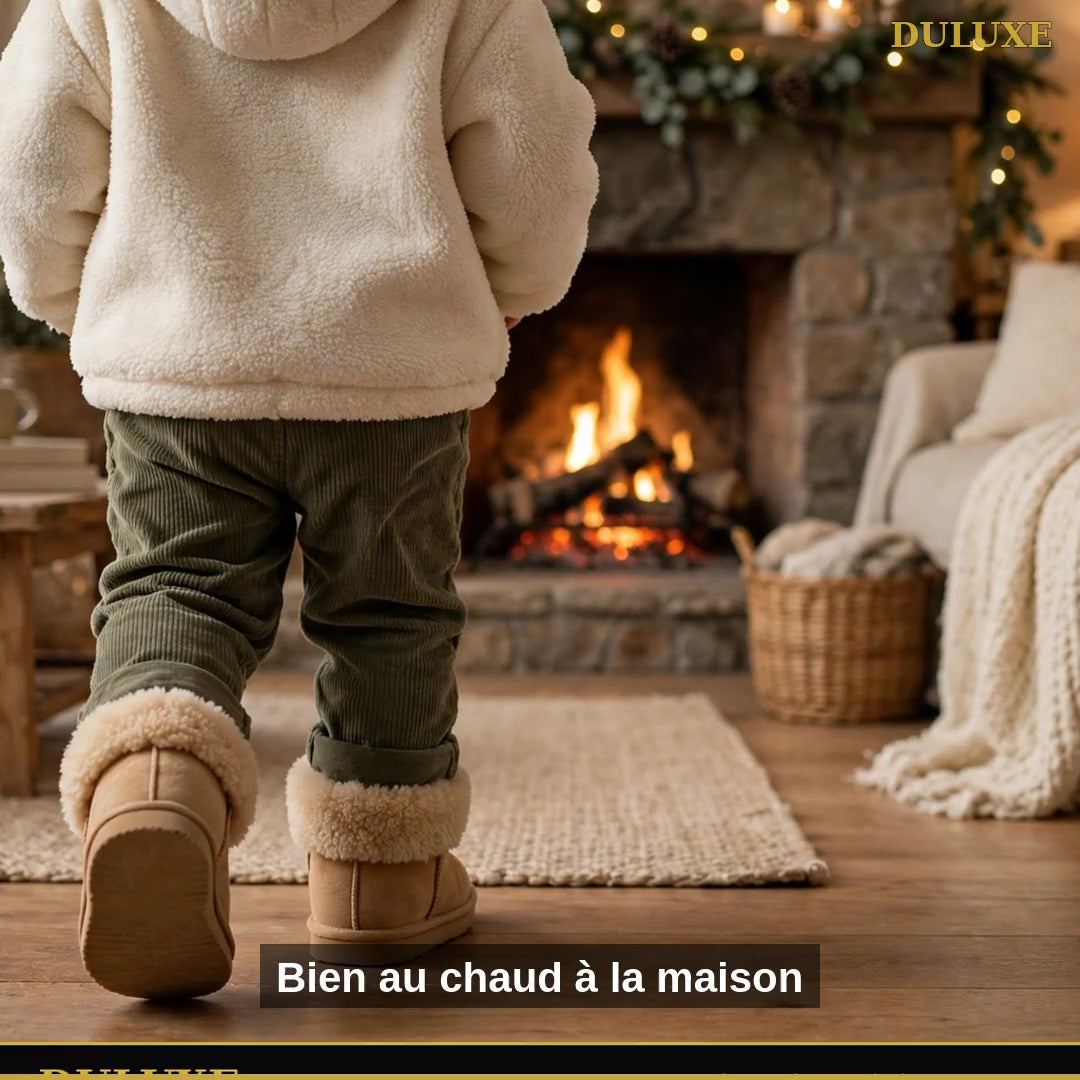 Vidéo démo des chaussons-bottines enfant DULUXE : petits pieds bien au chaud à la maison, pointures 24-25 et 26-27, en français