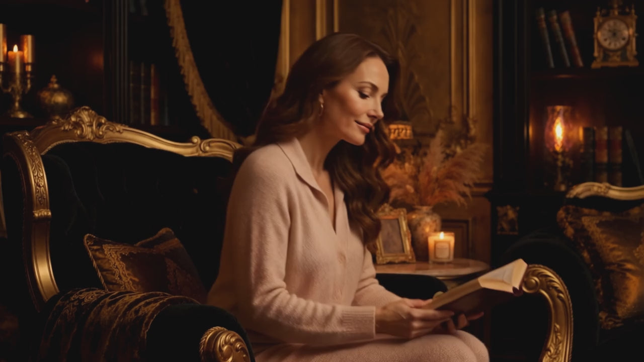 Vidéo démo de l'Ensemble Détente pour Femme DULUXE : femme qui s'installe dans un fauteuil avec un livre, douceur de la maille mise en valeur