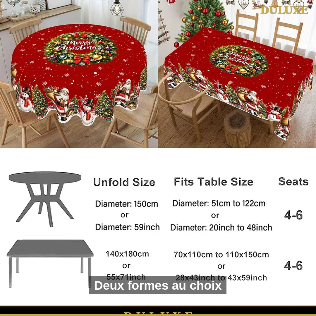 Vidéo démo de la nappe de Noël DULUXE : formes, tailles et entretien facile, en français