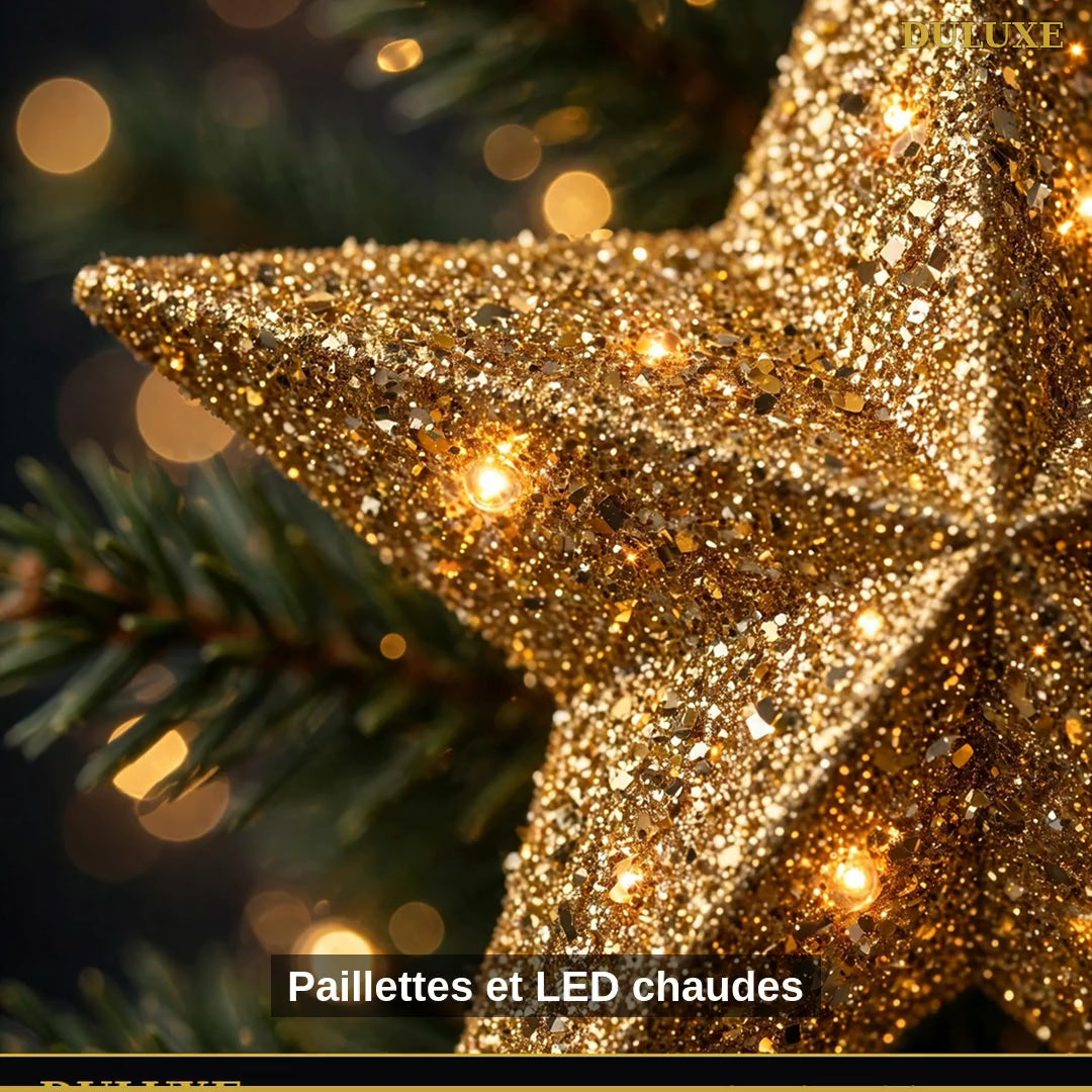 Vidéo démo de l'Étoile de Sapin DULUXE : paillettes, LED, installation et tige de fixation, en français