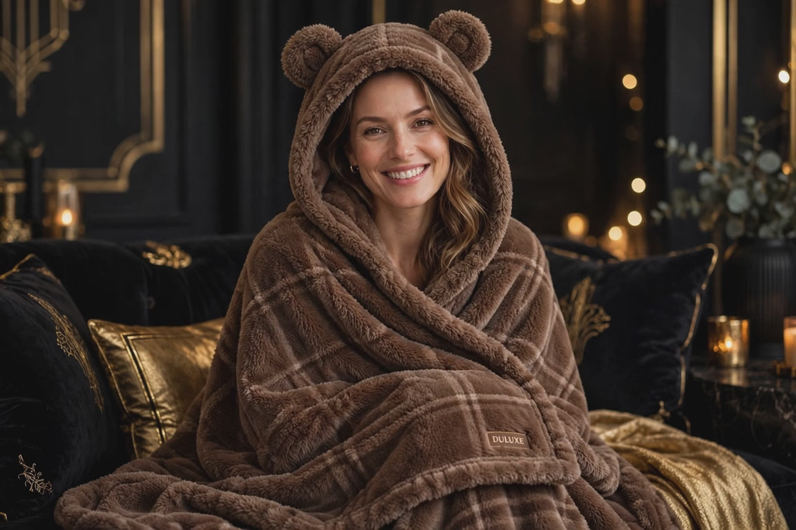 Vidéo démo du plaid à capuche ours douillet DULUXE : femme qui enfile le plaid brun, capuche à oreilles d'ours, chocolat chaud sur le canapé