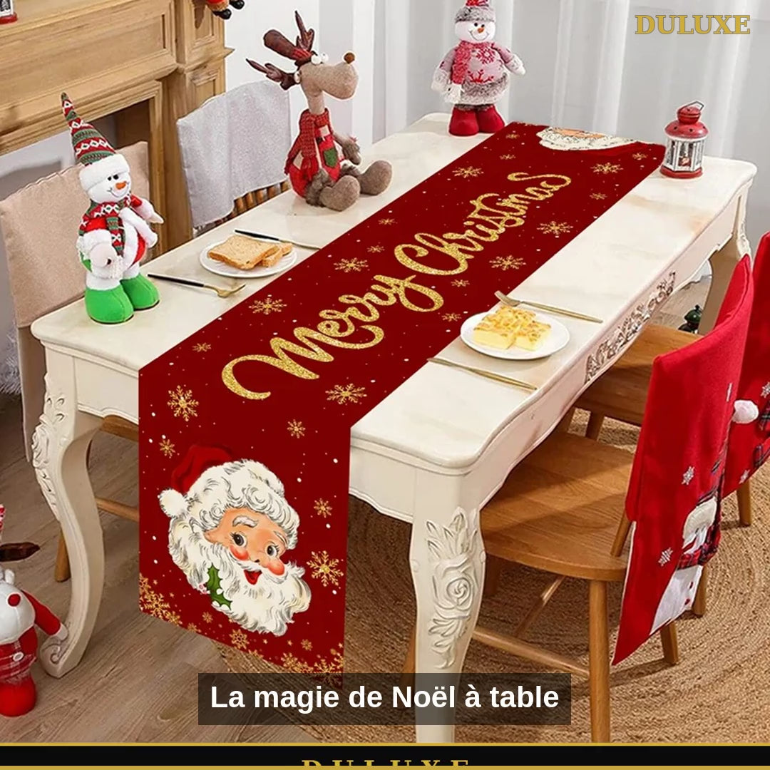 Vidéo démo du chemin de table de Noël Père Noël rouge et doré DULUXE, dressé sur une table des fêtes, en français