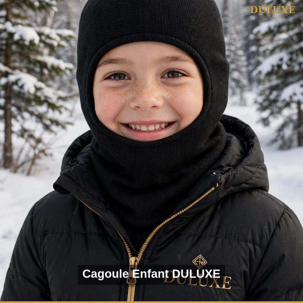 Vidéo démo de la cagoule d'hiver pour enfant DULUXE, balaclava thermique coupe-vent pour le ski et la luge, en français