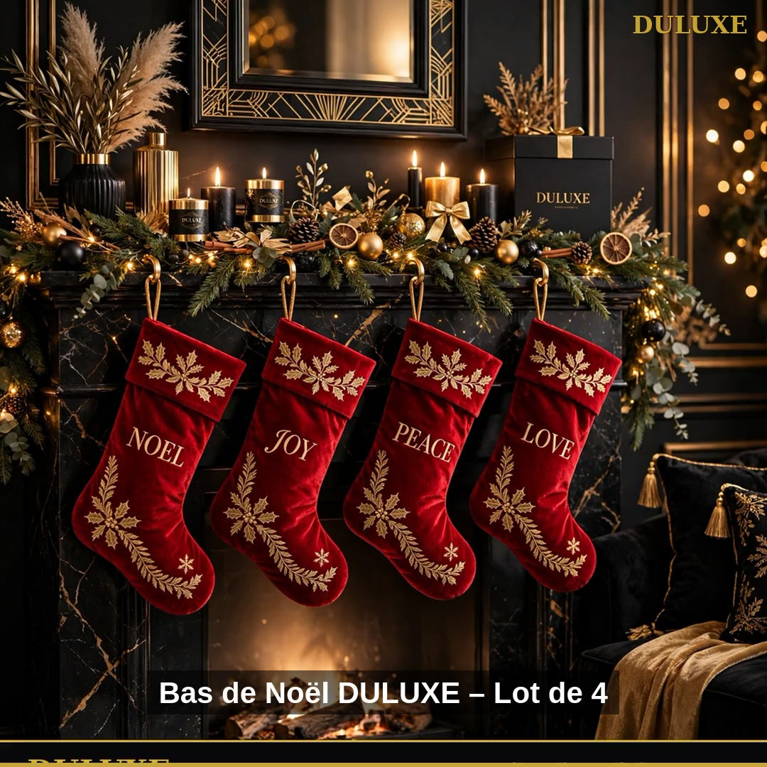Vidéo démo des bas de Noël à accrocher DULUXE en velours, lot de 4, cheminée féerique, en français